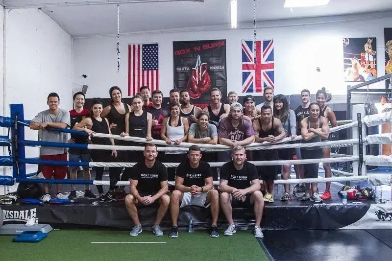 Group of certified boxing fitness trainers attending an in person boxing for fitness certification course in Santa Monica, USA taught by Tony Jeffries.