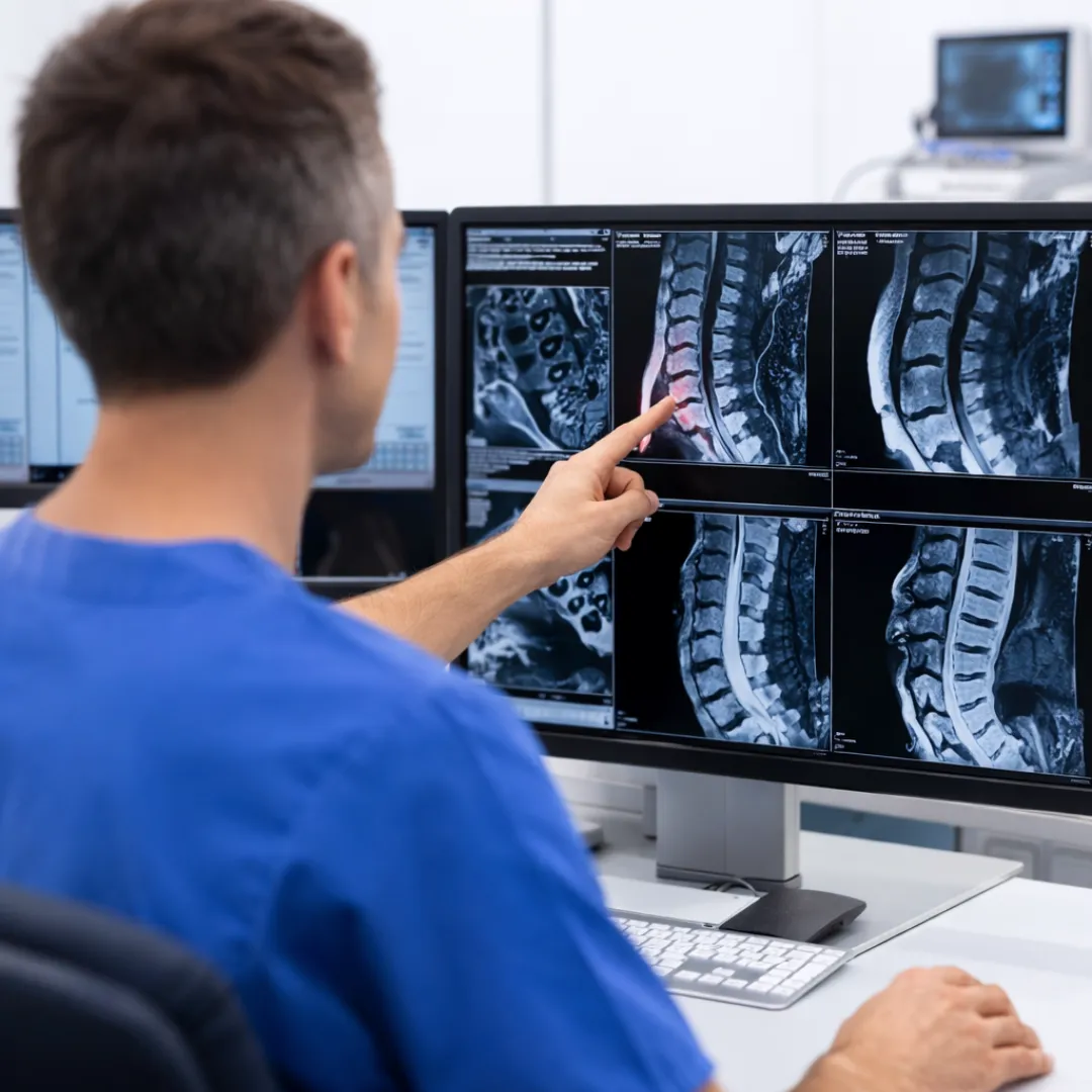 Spine specialist reviewing MRI scans to diagnose cause of back pain