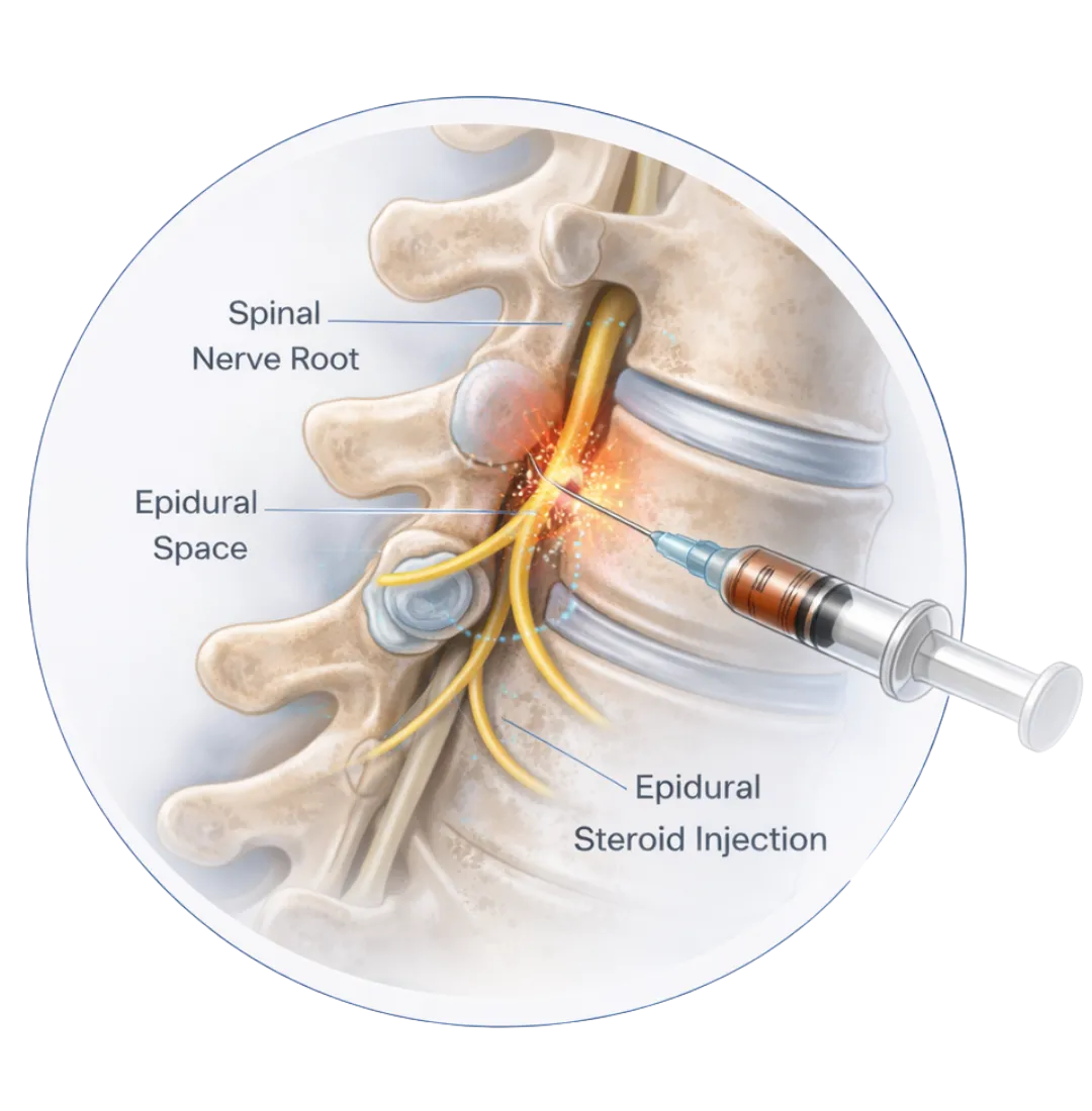 Epidural steroid injection placed near spinal nerves to reduce inflammation and sciatica pain