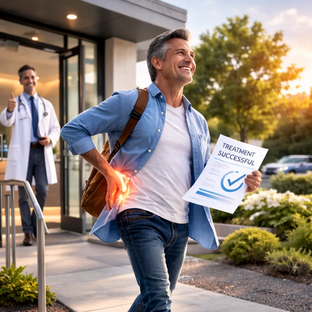Patient walking comfortably after non surgical spine treatment for back pain