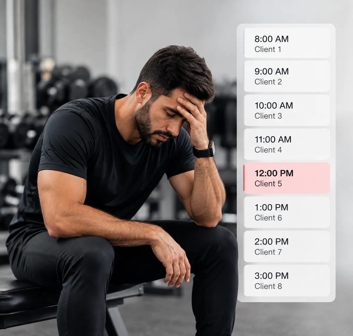 Exhausted trainer tracking paper schedules in a noisy gym