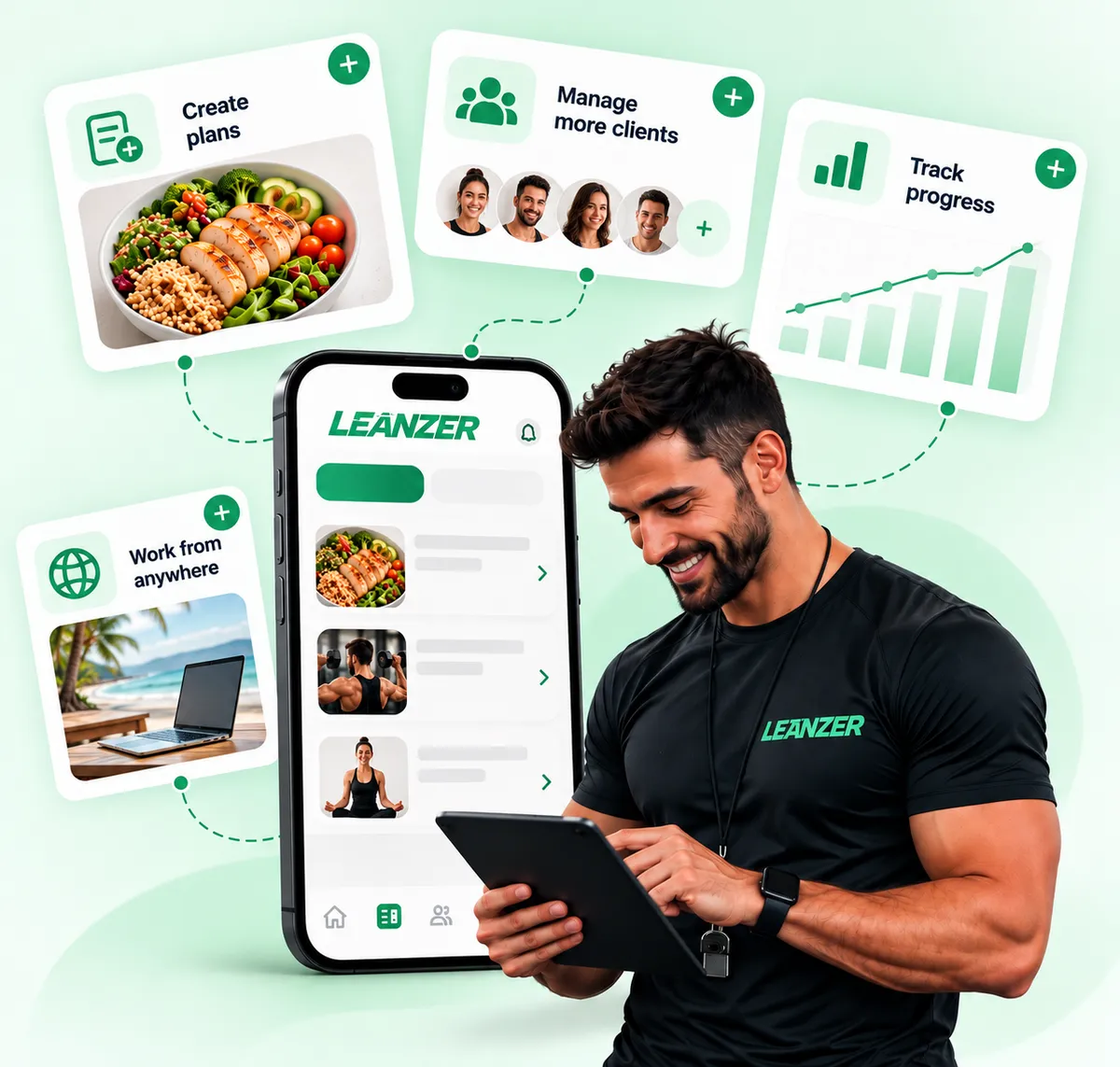 Coach happily managing active fitness clients via smartphone interface