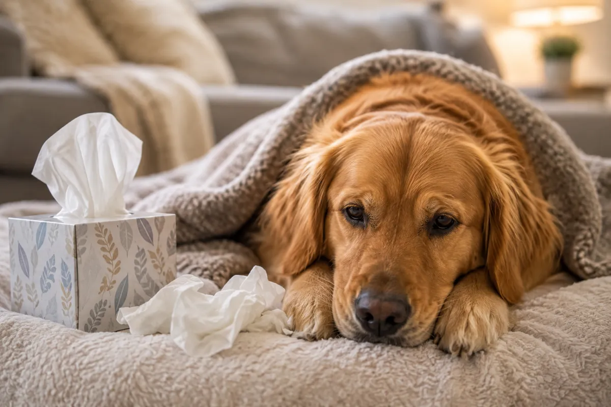 Golden retriever resting beside a tissue box, representing symptoms of kennel cough and canine respiratory illness.