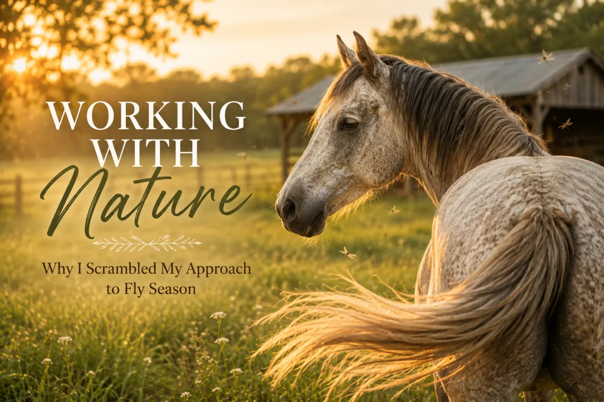 Senior horse standing in a sunlit pasture during fly season, illustrating a natural approach to horse fly control and essential oil-based fly spray.