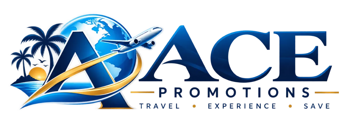 ACE Promotions logo featuring a stylized globe with a swoosh and blue/green text