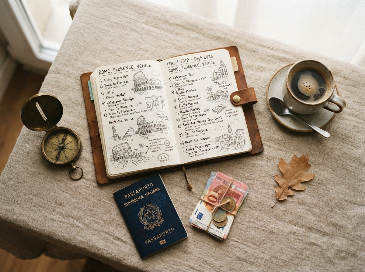 Aesthetic flat lay photograph on a light textured surface showing an open travel journal with handwriting, a dark blue passport, some euro banknotes, a vintage brass compass, and a cup of black coffee