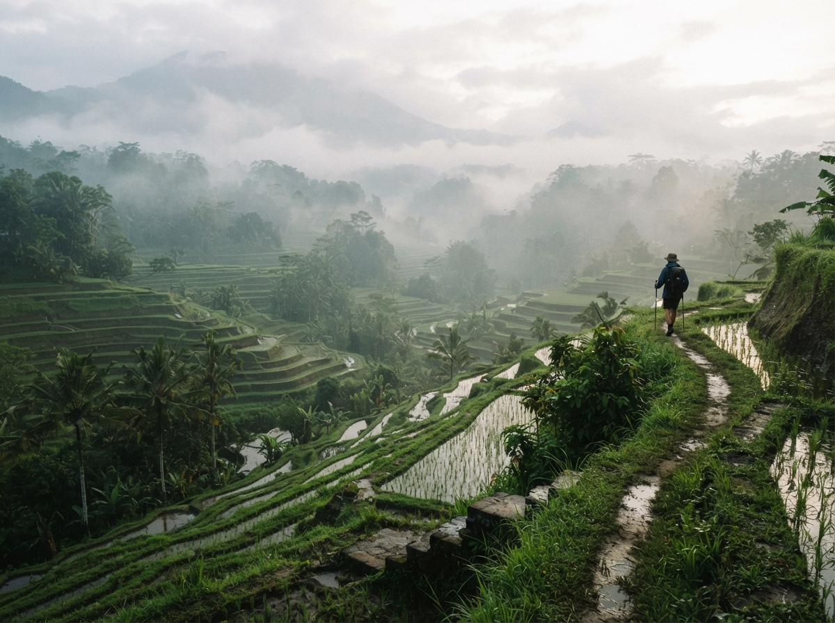 Lush green valley with a winding stream and stone ruins in Southeast Asia