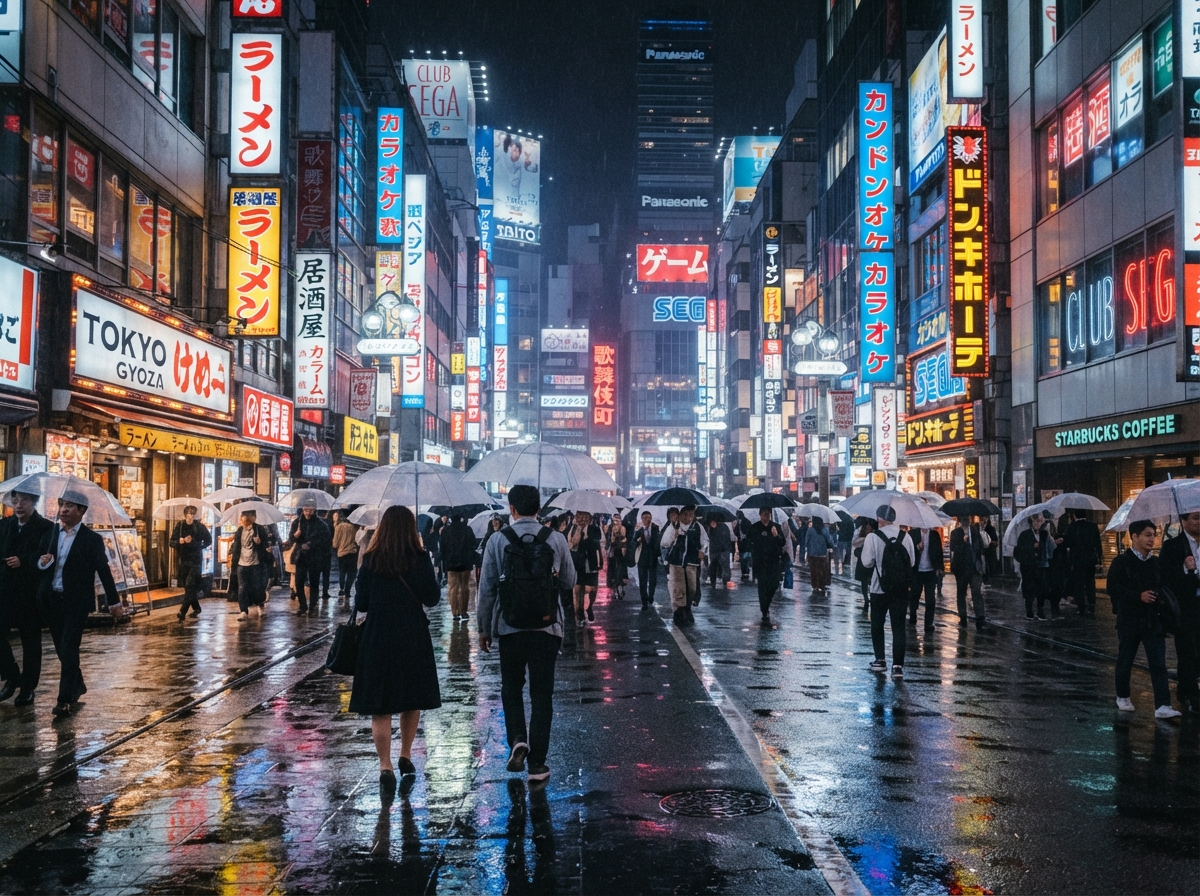 Vibrant, neon-lit city street in Tokyo at night, reflecting on wet pavement