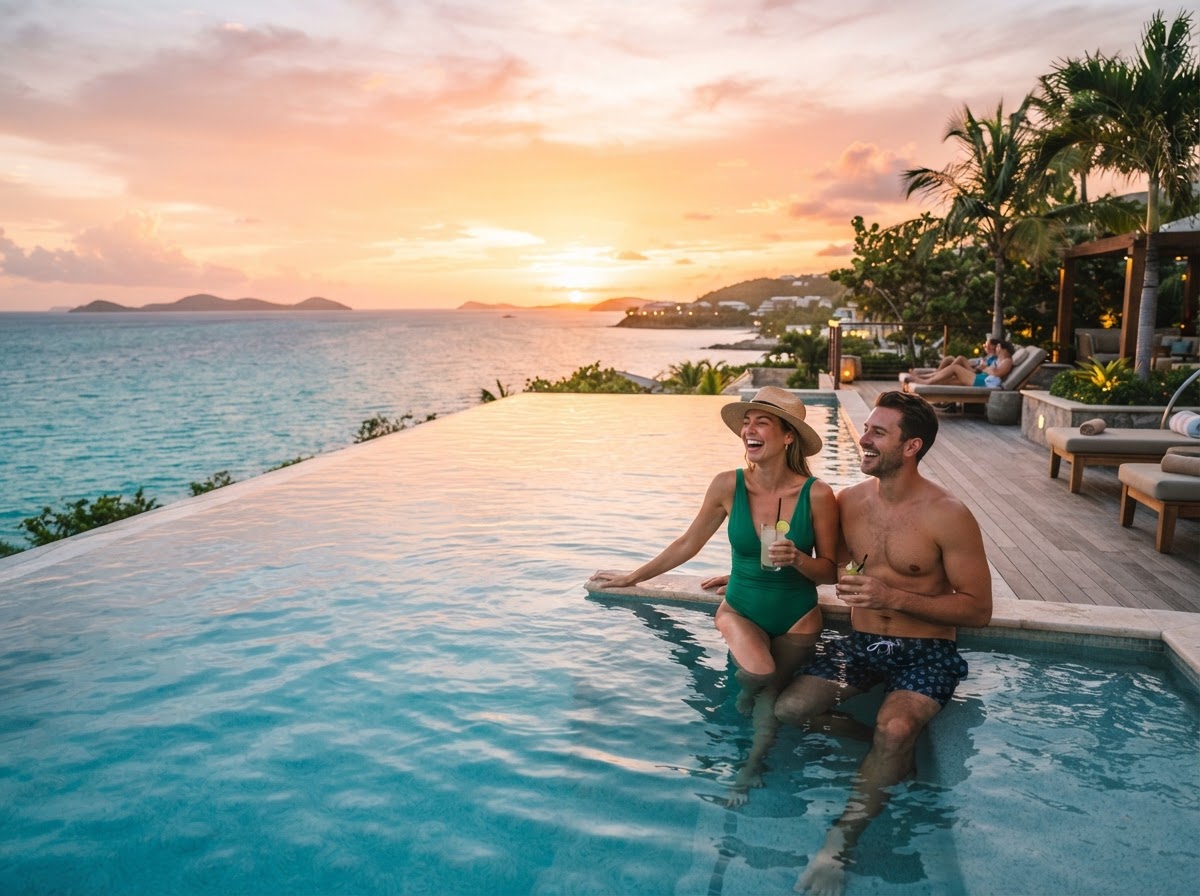 Beautiful sunset over an infinity pool at a tropical luxury resort with palm trees