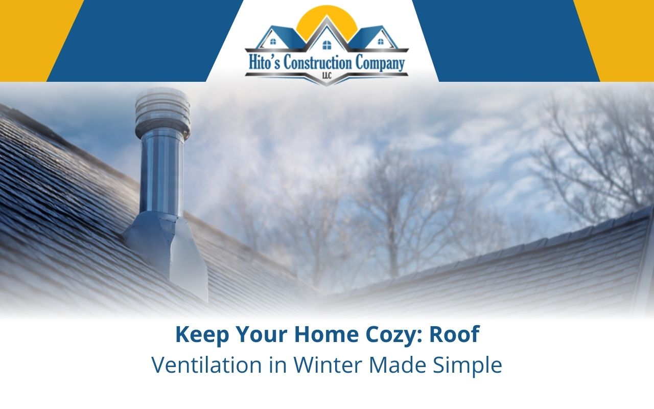 Roof ventilation in winter showing attic airflow moving from soffit vents to a ridge vent