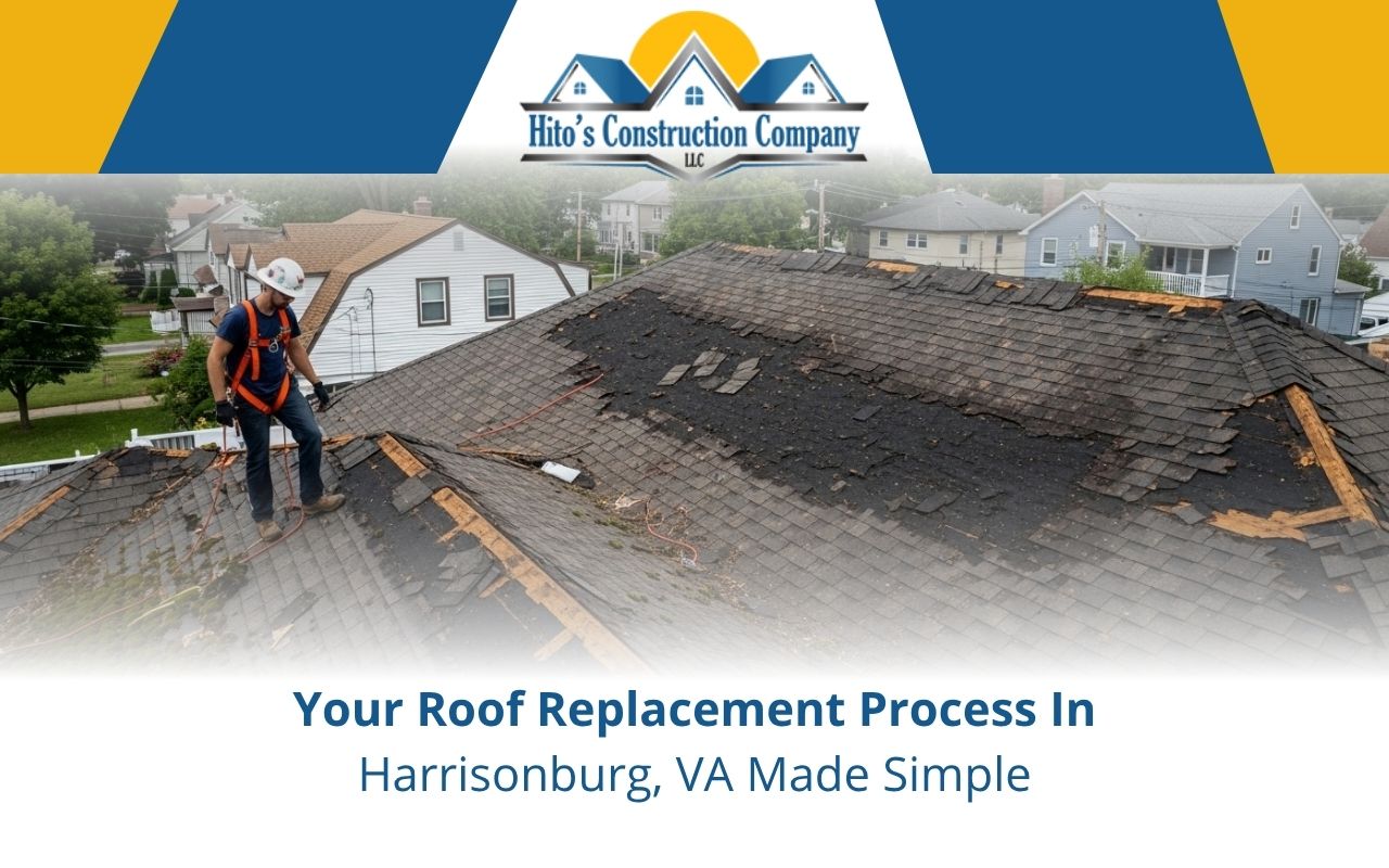Roof replacement process in Harrisonburg, VA with crew preparing shingles
