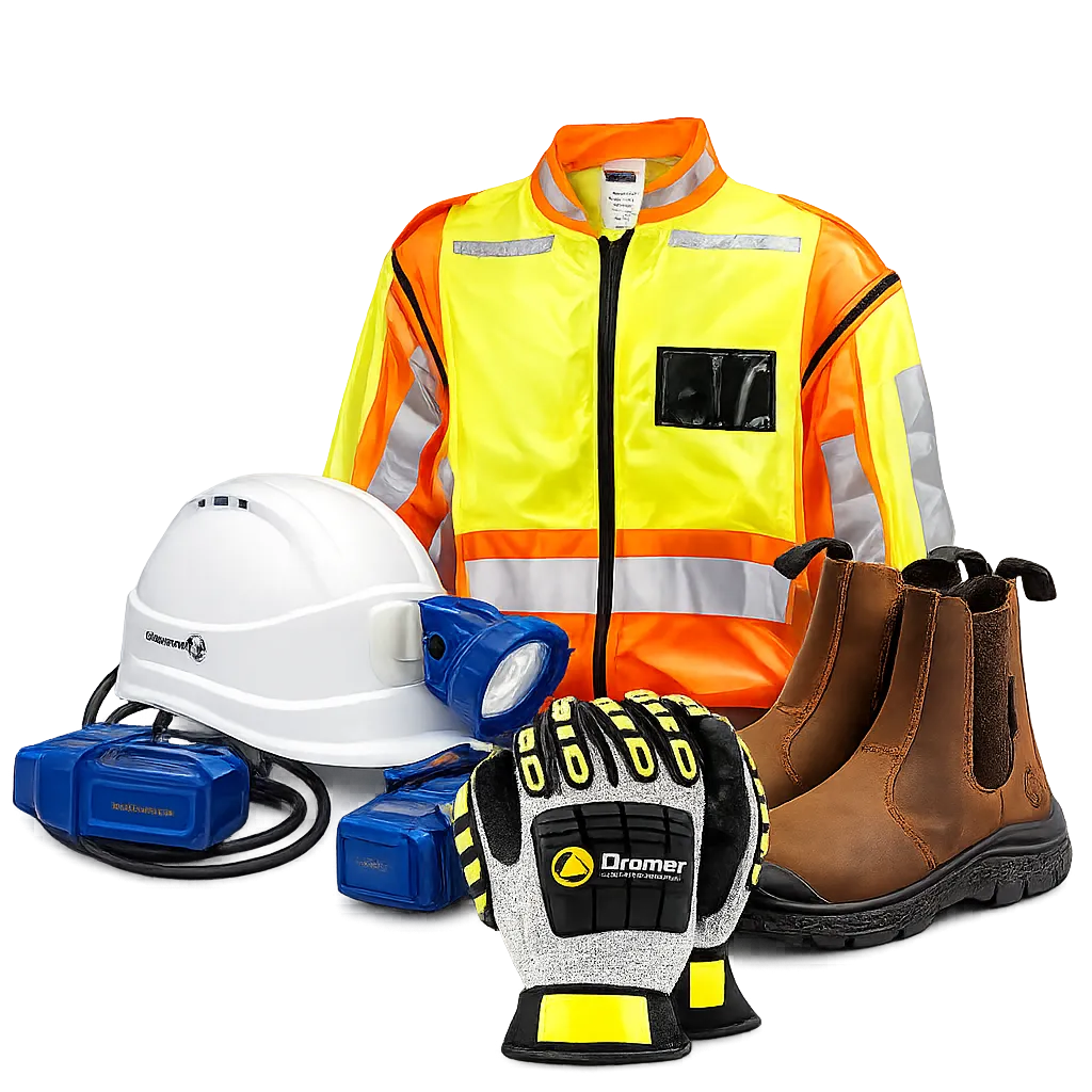 High-visibility safety jacket, white hard hat with headlamp, protective gloves, and brown steel-toe work boots arranged together as industrial PPE equipment.