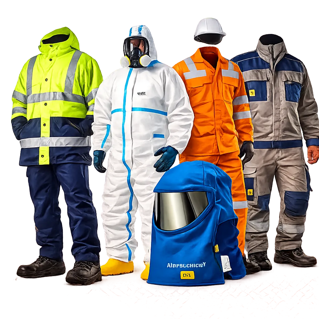 Industrial workwear and protective clothing including high-visibility jacket, chemical protection suit with respirator, flame-retardant coveralls, reinforced workwear, and arc flash hood displayed together for safety use in mining and construction environments.