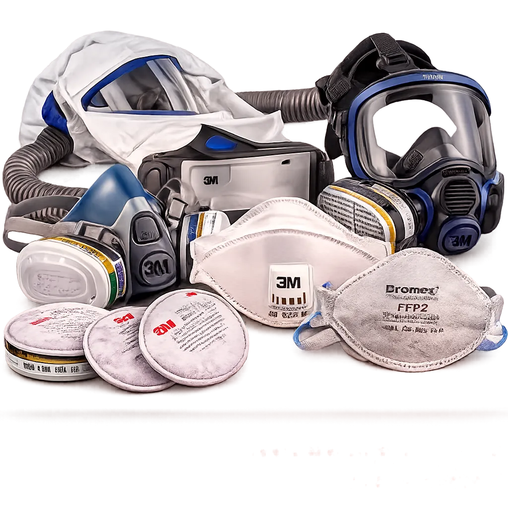 Industrial respiratory protection equipment including half-mask respirators, full-face masks, disposable dust masks, and replacement filters grouped together for safety use.