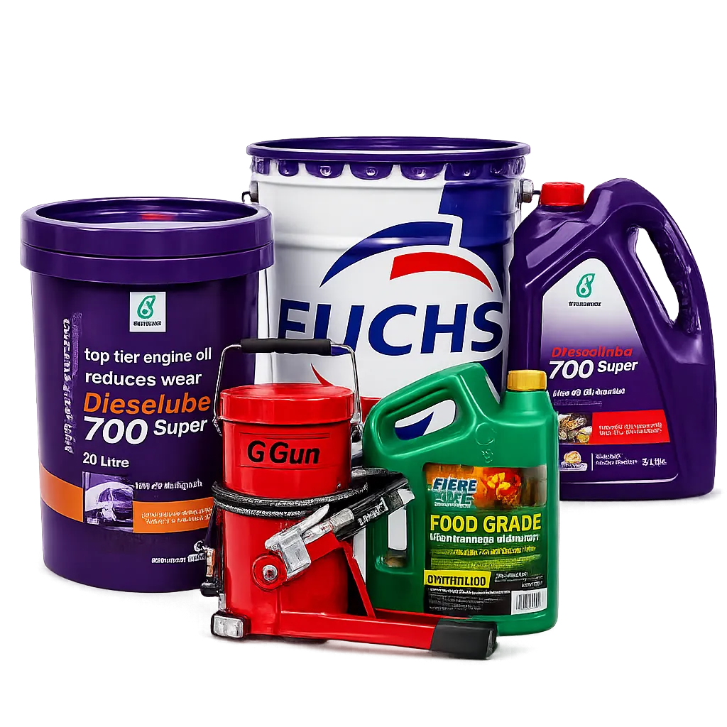 Industrial lubricants and grease equipment including Petronas Dieselube oil buckets, Fuchs drum, G.Gun grease pump, and food-grade lubricant container arranged together for product display.