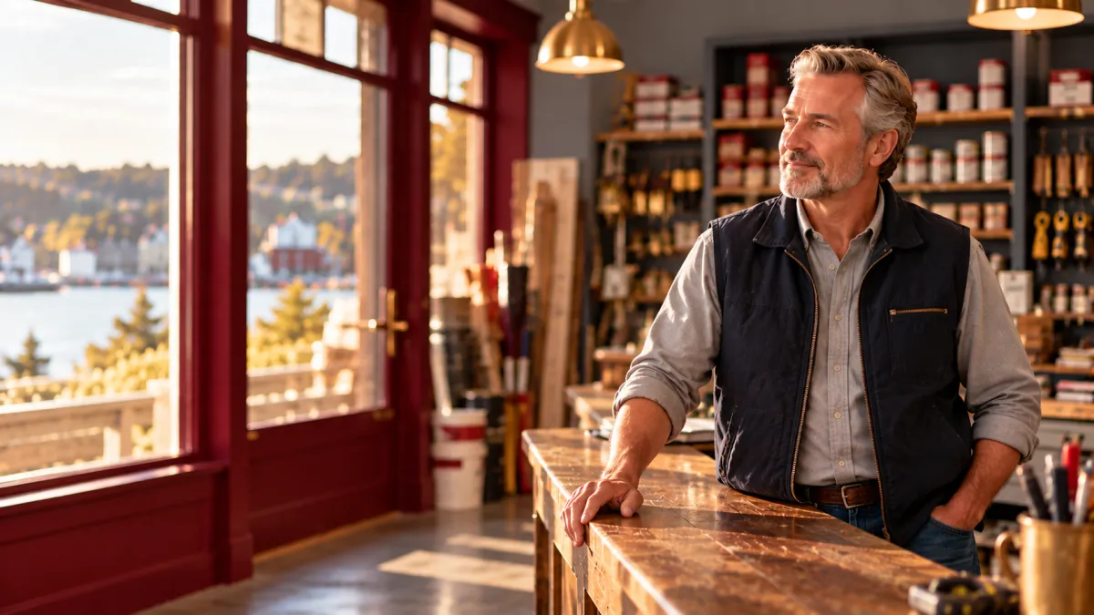 Small business owner standing confidently behind the wooden counter of his family-run shop, reflecting the stability and continuity of a business built to last.