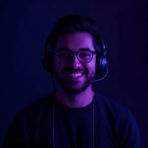 Smiling man wearing glasses and a headset with a microphone, lit by vibrant purple and blue lighting against a dark background.