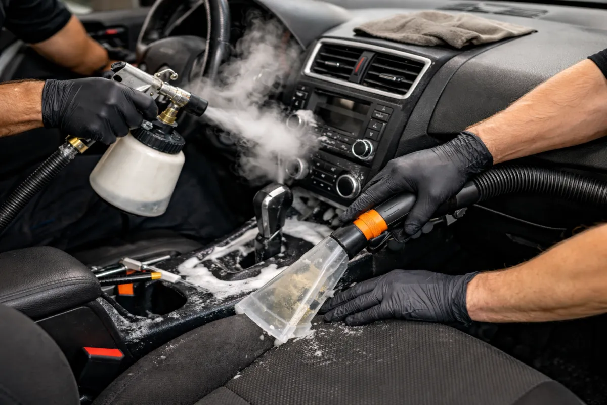 Interior car detailing, deep cleaning, close-up of seats and dashboard