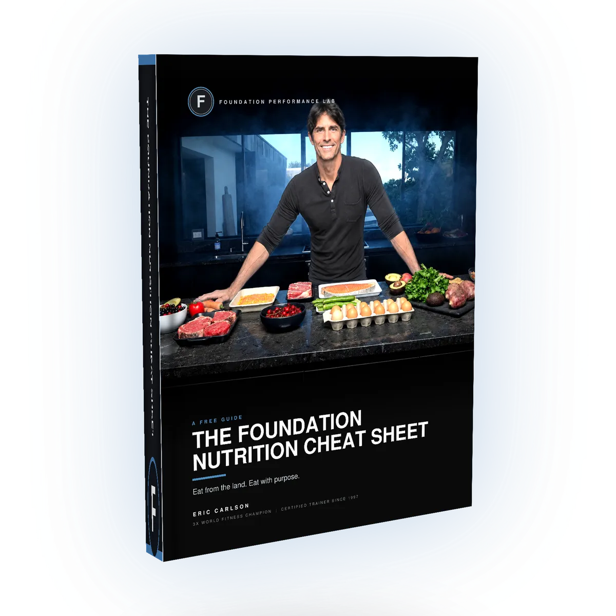 Foundation Nutrition Cheat Sheet 3D Book Mockup with Brushed Steel Medallion