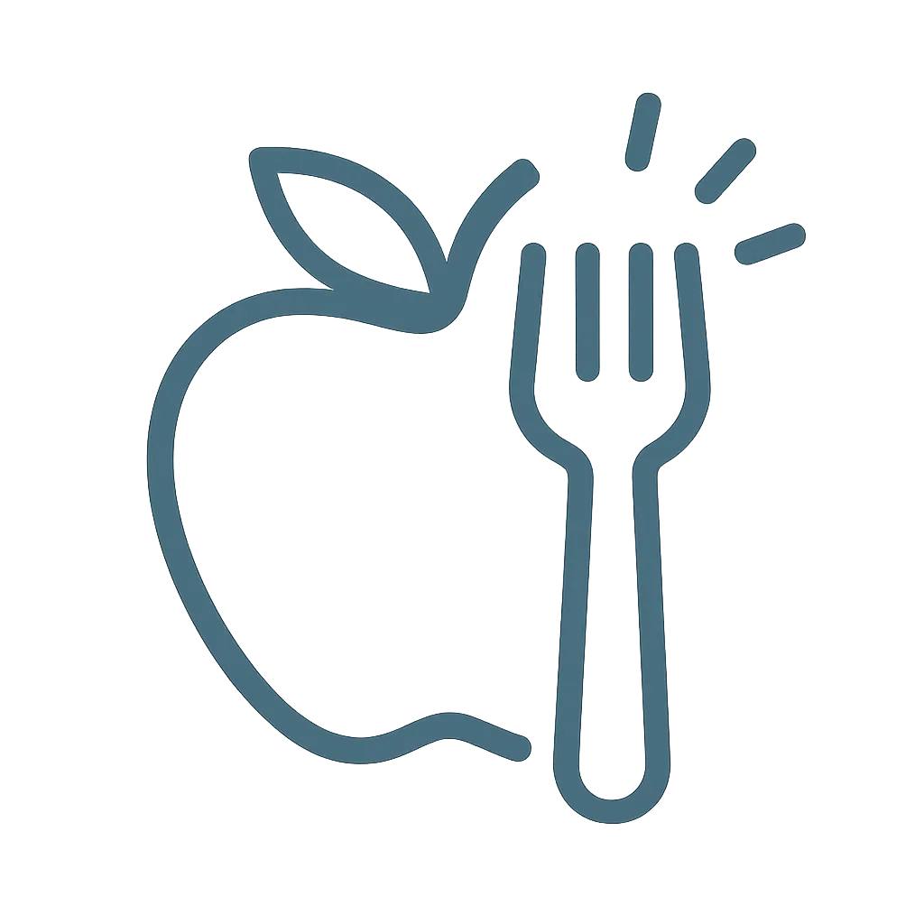 Simple blue-gray line icon of an apple and fork symbolizing nutrition, nourishment, and fueling the body.