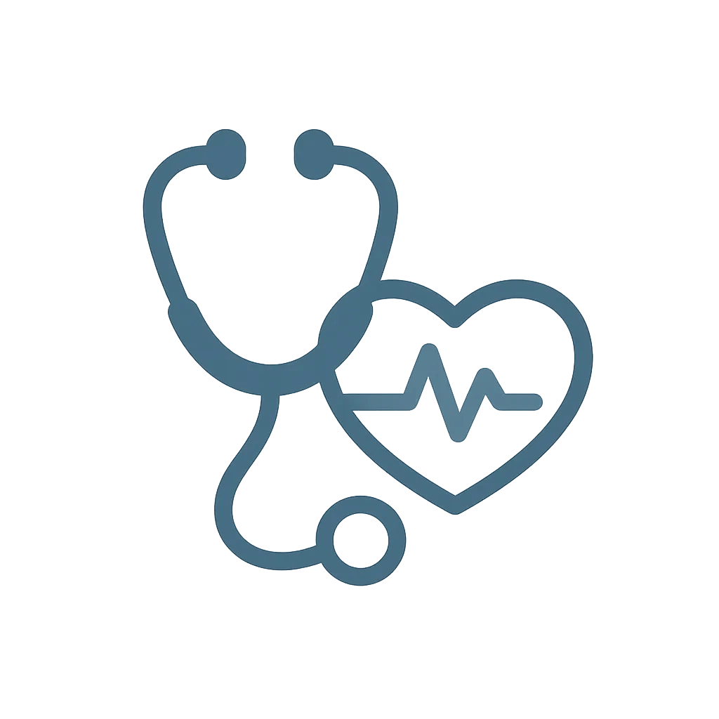 Minimalist icon of a stethoscope forming a heart with a heartbeat line, representing medical health, prevention, and care.