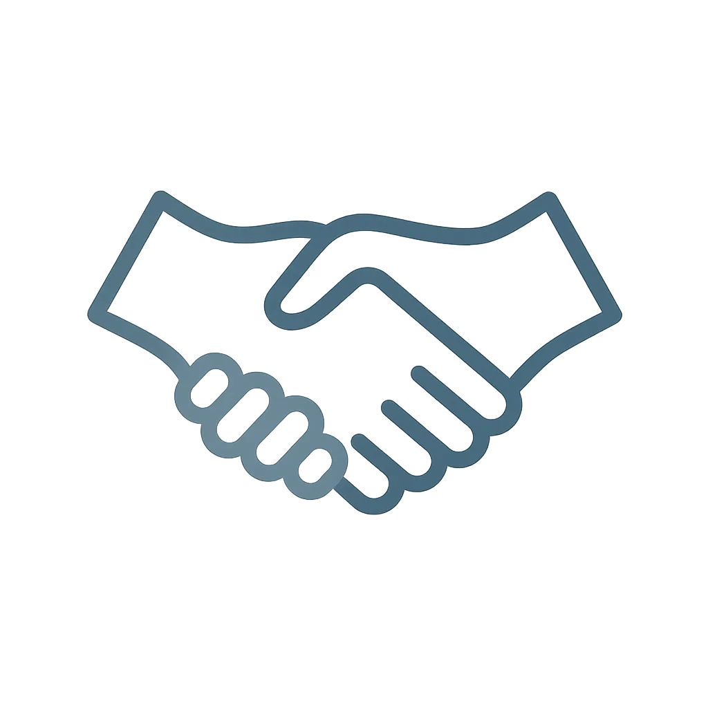Modern line-art icon of two interlocking hands in handshake, representing connection, community, and support.