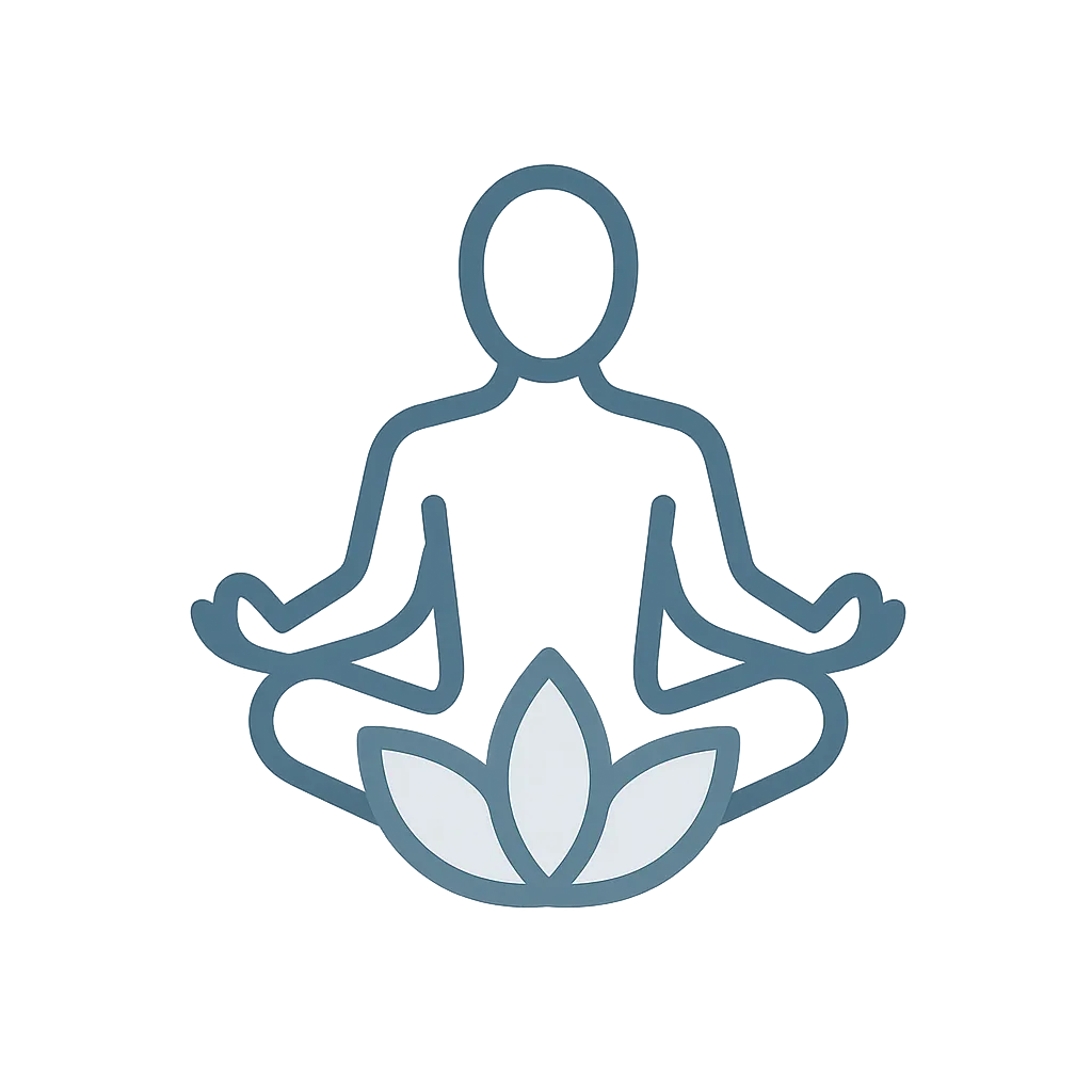 Clean line-art icon of a person meditating in lotus position, symbolizing mindfulness, calm, and emotional resilience.