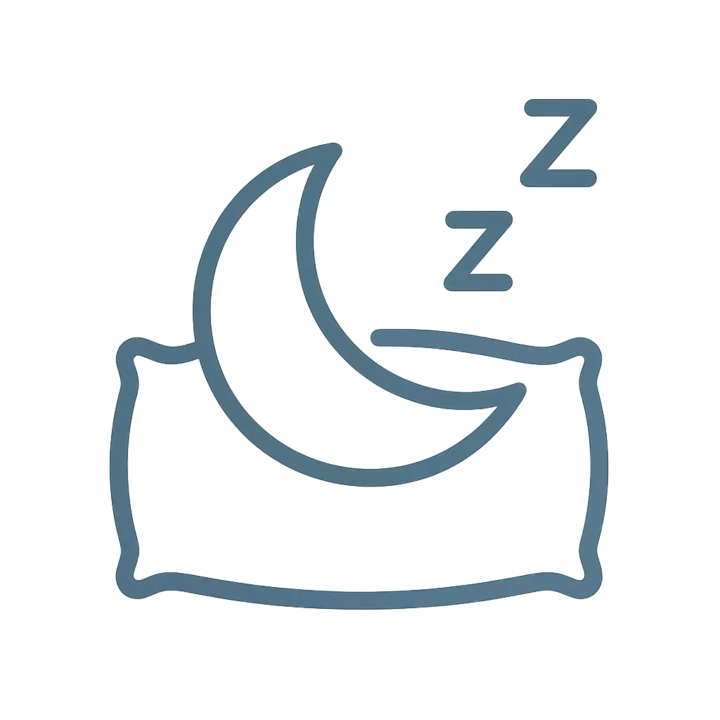 Minimalist icon of a crescent moon and pillow with “Z” symbols, representing rest, sleep, and recovery.