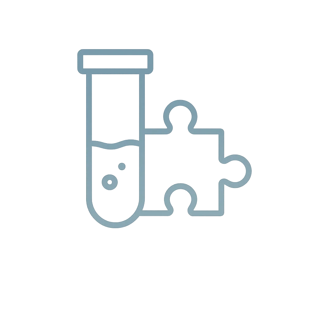 Clean blue-gray line icon of a test tube connected to a puzzle piece, symbolizing functional lab testing and personalized supplement protocols.