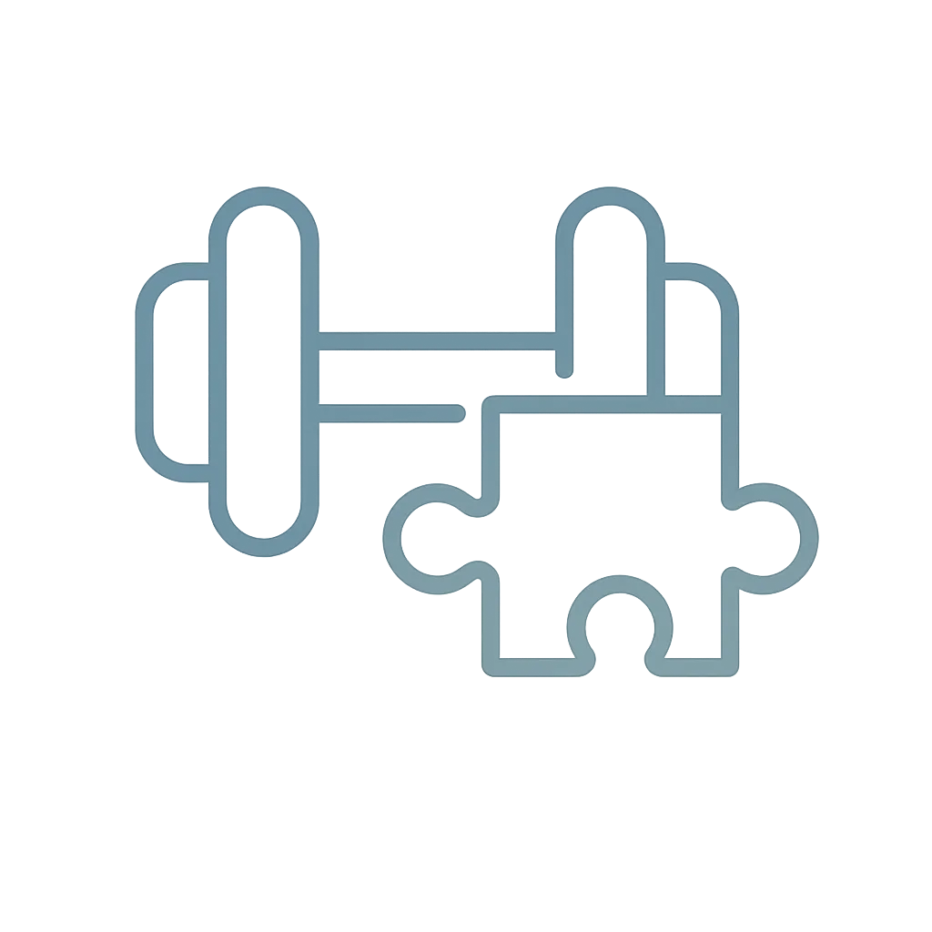 Simple slate blue line icon of a dumbbell integrated with a puzzle piece, representing fitness, strength, and purposeful exercise.