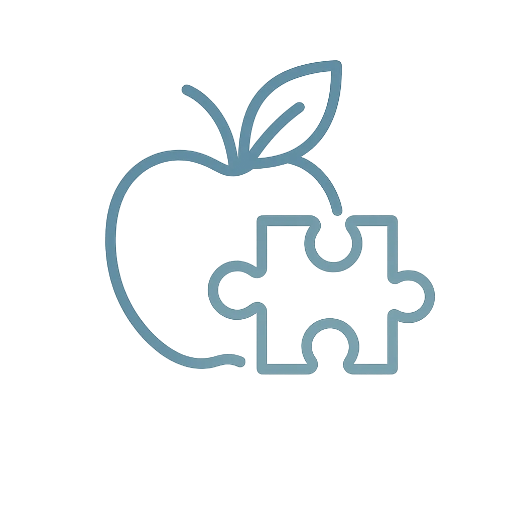 Modern blue line icon of an apple overlapping a puzzle piece, symbolizing personalized nutrition and healthy eating habits.