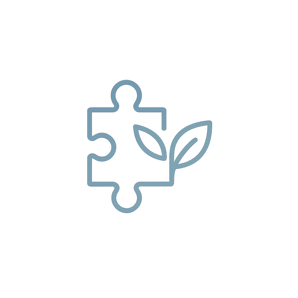 Minimalist blue line-art icon of a puzzle piece with two leaves growing from it, symbolizing integrative lifestyle medicine and holistic health.