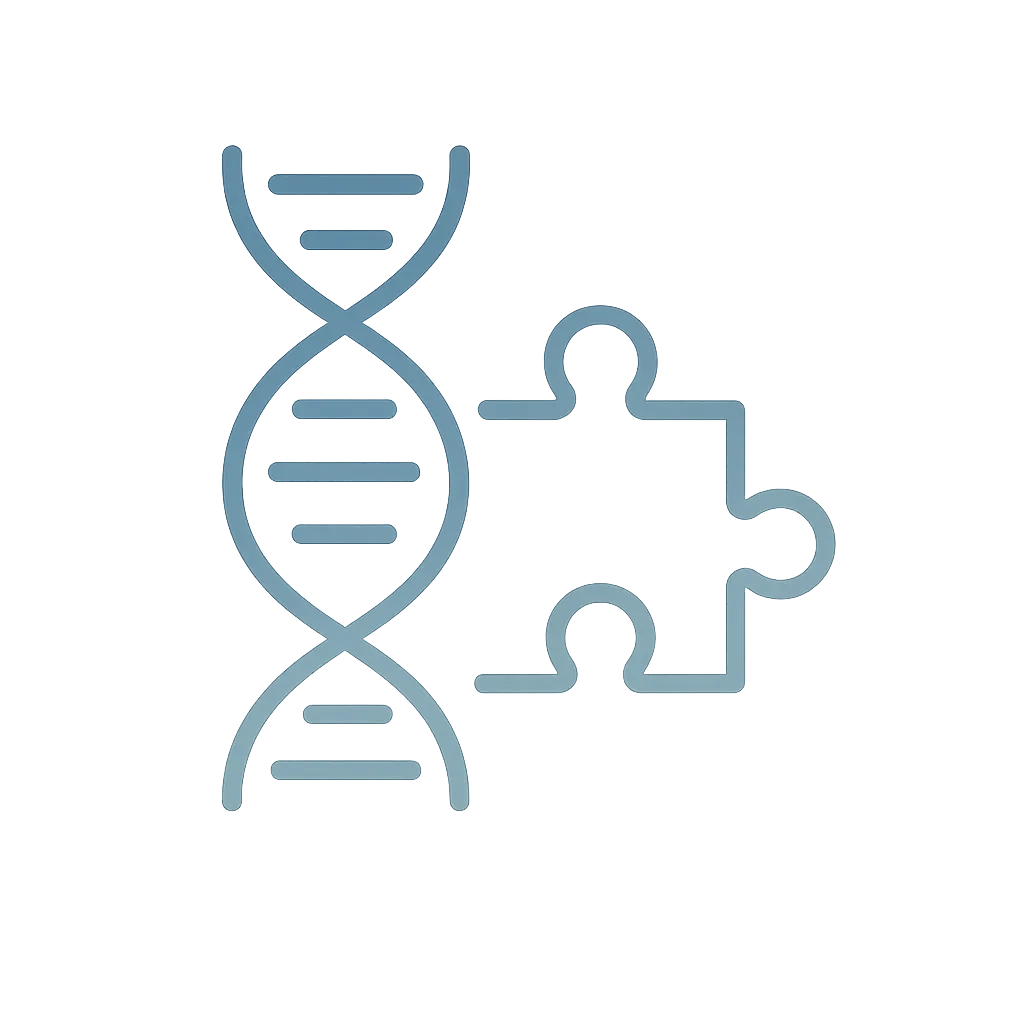 Minimalist blue line-art icon showing a DNA double helix connected to a puzzle piece, representing genetic-based fitness and nutrition coaching.