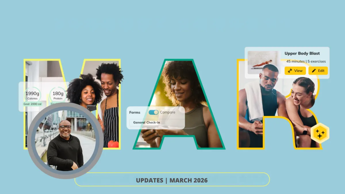 An updated feature roundup banner for the Victory Health & Wellness blog, titled "FEATURE ROUNDUP" in large, bold yellow and green letters set against a light blue background. Integrated overlays show multiple mobile phones and interface screens showcasing new features like 'AI Workout Builder' and 'Exercise Subs' with icons, 'Flexible Meal Planner' interface, 'Comprehensive Insights Dashboard' graphs, 'Side-by-Side Check-in Forms,' and 'In-App Targeted Banners.' A blue bar at the bottom contains the text: 'VICTORY HEALTH & WELLNESS | FEATURE ROUNDUP | UPDATES | MARCH 2026'.