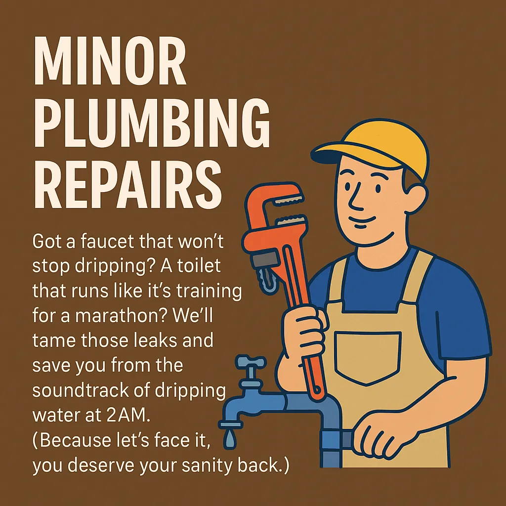 Minor Plumbing Repairs Got a faucet that won’t stop dripping? A toilet that runs like it’s training for a marathon? We’ll tame those leaks and save you from the soundtrack of dripping water at 2AM. (Because let’s face it, you deserve your sanity back.)