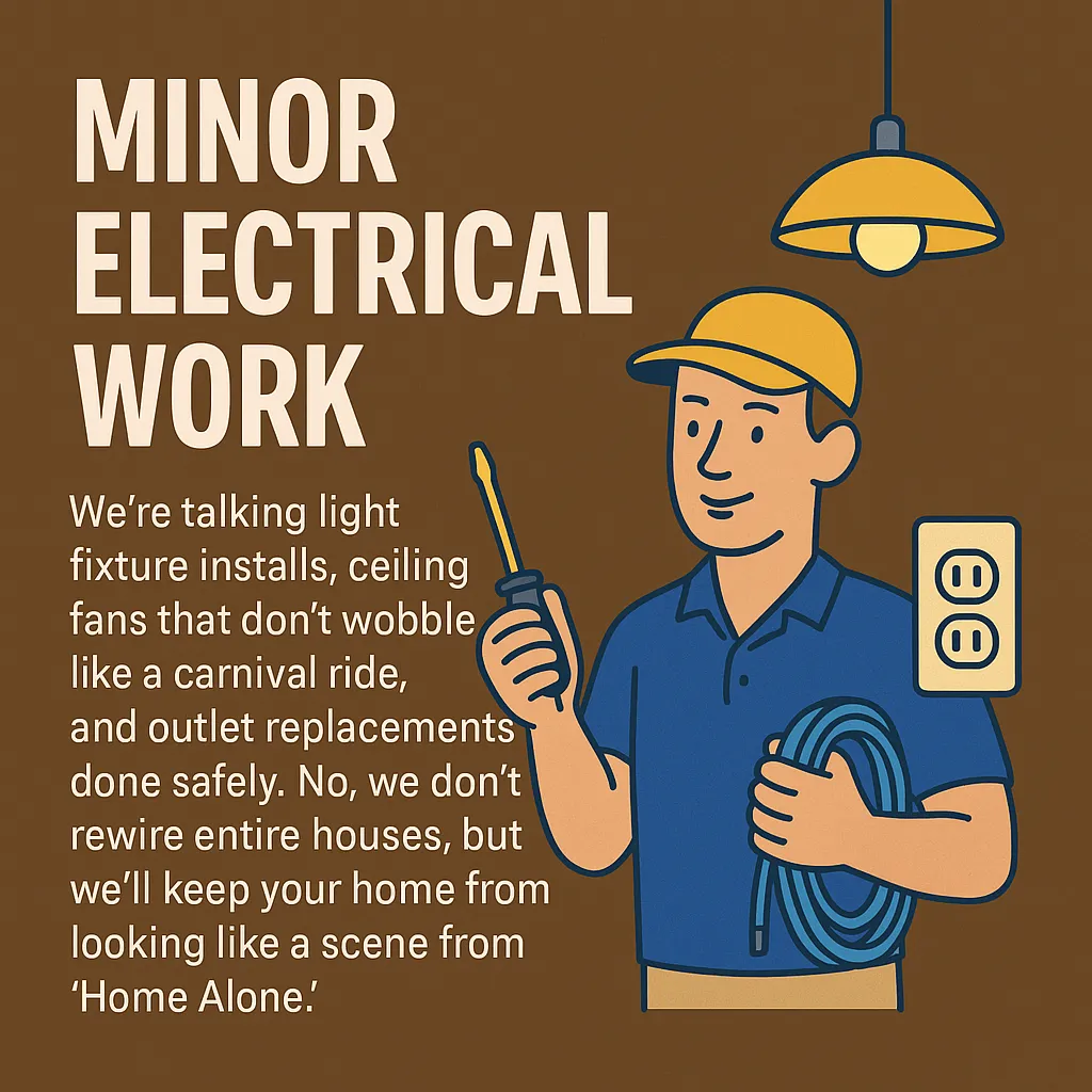 Minor Electrical Work We’re talking light fixture installs, ceiling fans that don’t wobble like a carnival ride, and outlet replacements done safely. No, we don’t rewire entire houses, but we’ll keep your home from looking like a scene from “Home Alone.”