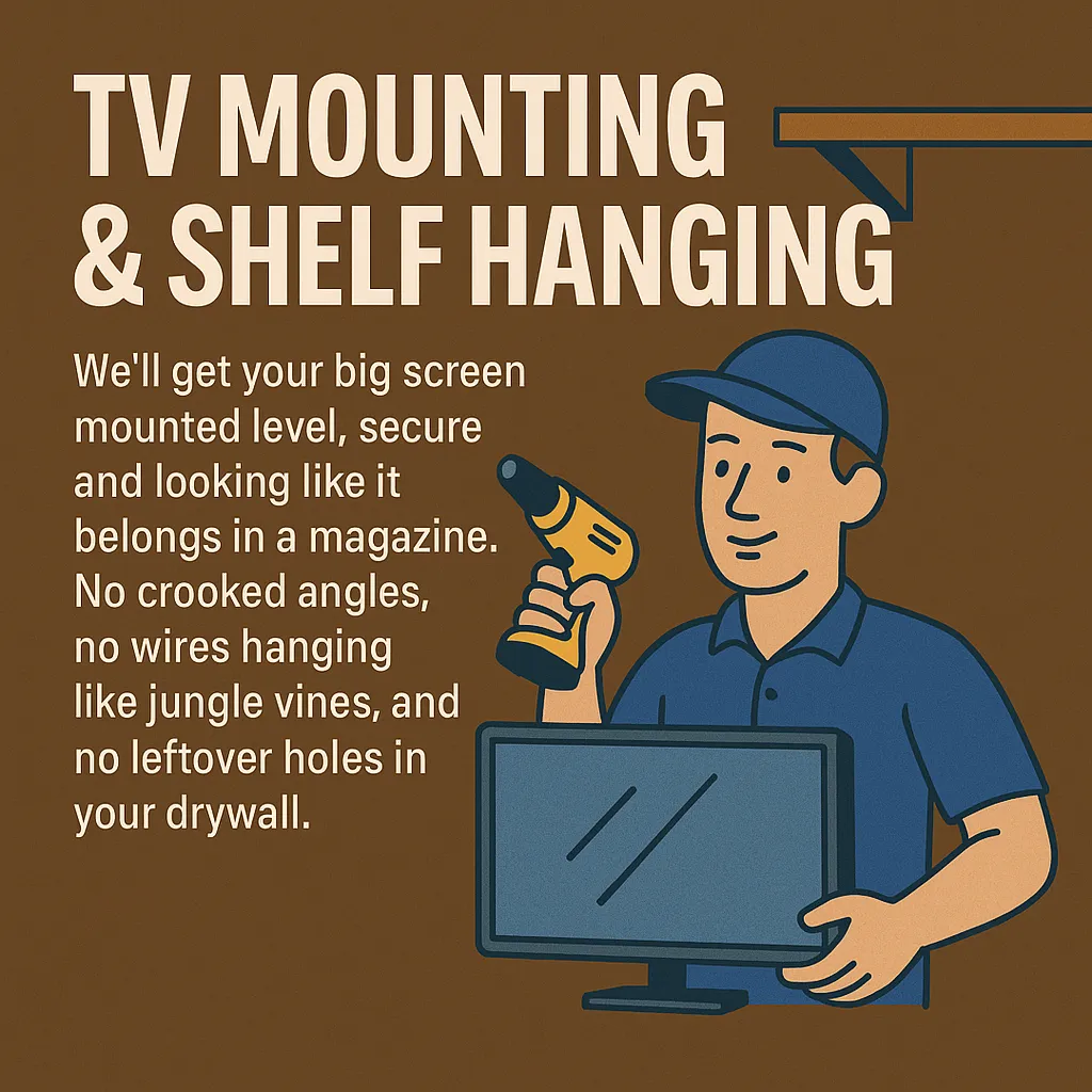 We’ll get your big screen mounted level, secure, and looking like it belongs in a magazine. No crooked angles, no wires hanging like jungle vines, and no leftover holes in your drywall. (We bring the hype and the stud finder.)