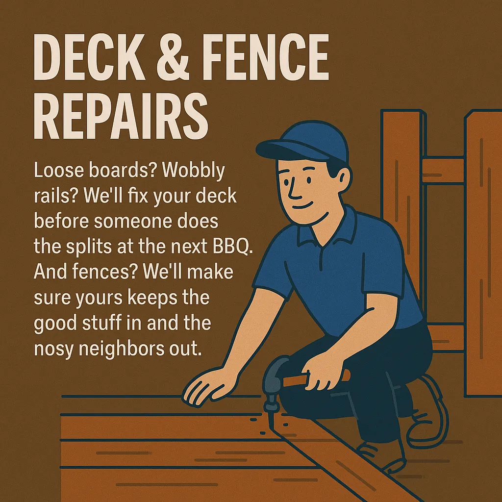  Deck & Fence Repairs Loose boards? Wobbly rails? We’ll fix your deck before someone does the splits at the next BBQ. And fences? We’ll make sure yours keeps the good stuff in and the nosy neighbors out.