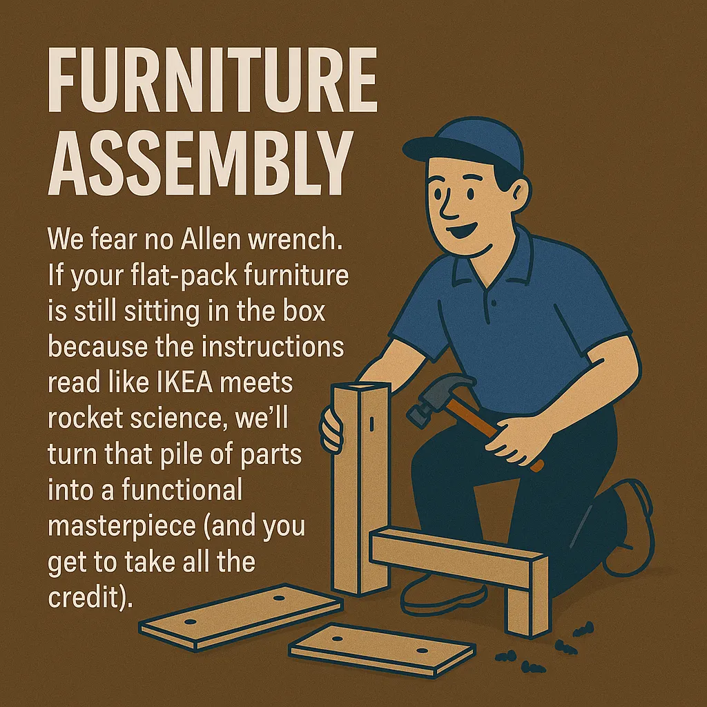 Furniture Assembly We fear no Allen wrench. If your flat-pack furniture is still sitting in the box because the instructions read like IKEA meets rocket science, we’ll turn that pile of parts into a functional masterpiece (and you get to take all the credit).