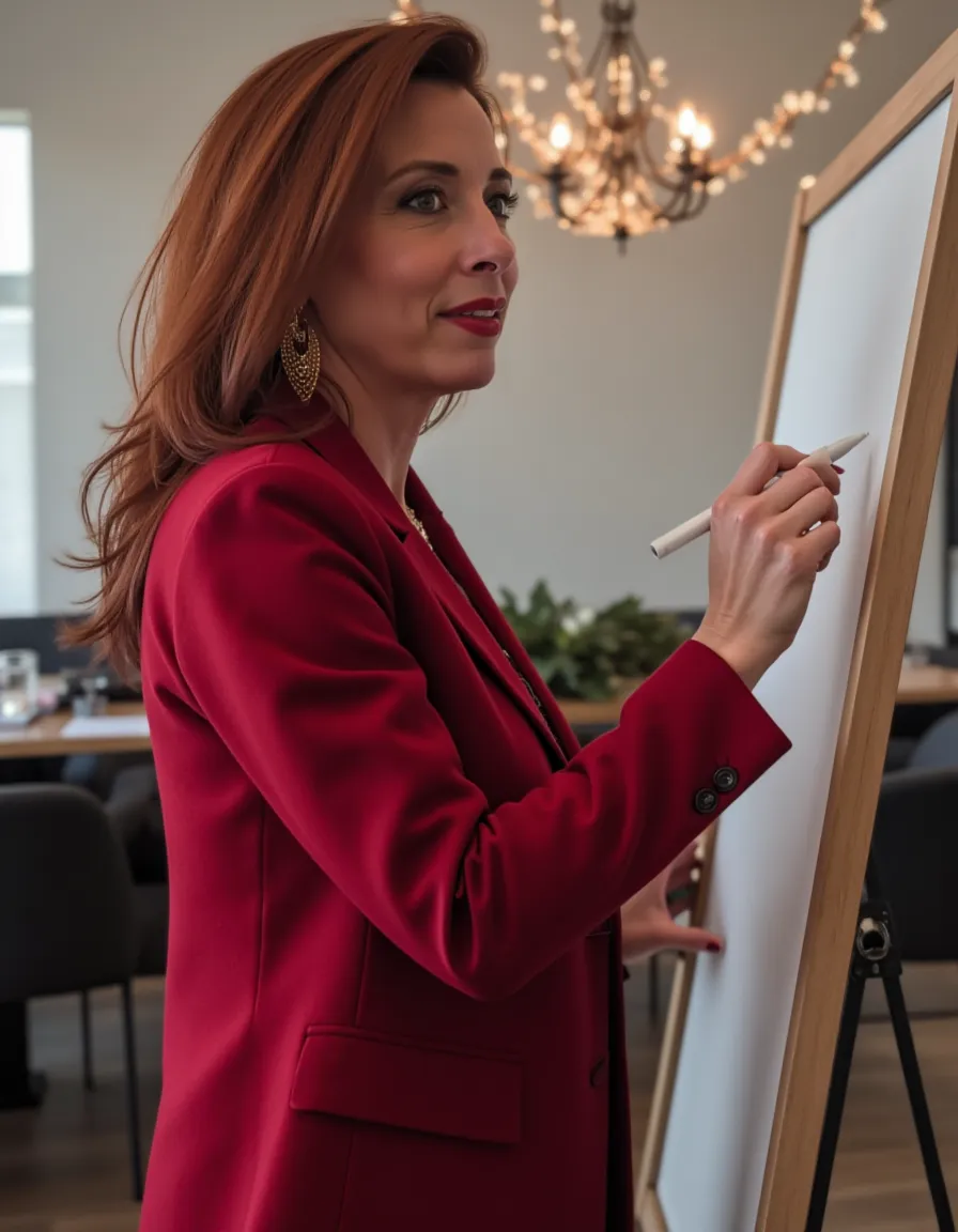 black and white photo of Jennifer Swineford in a black dress with her hands on her hips
