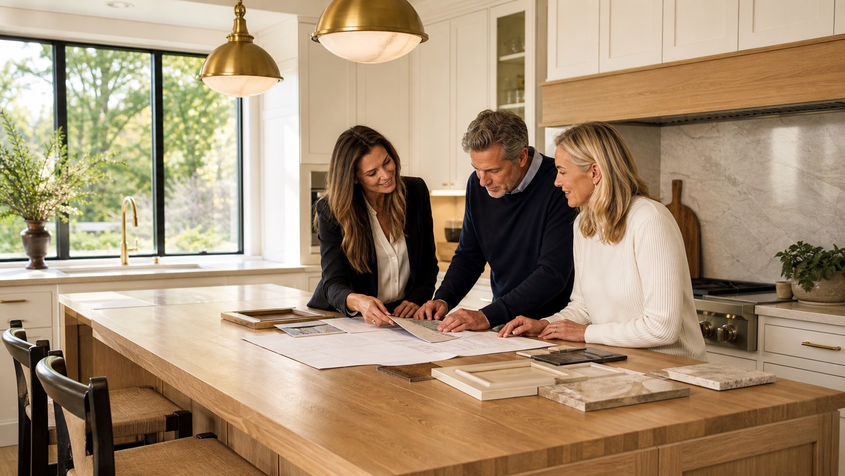 Homeowners reviewing kitchen plans and material samples
