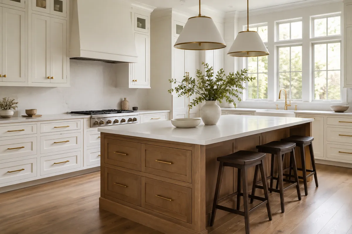 Kitchen design inspiration: white cabinetry and a warm wood island