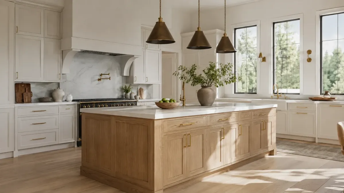 Kitchen inspiration with light cabinetry, integrated appliances and a natural oak island