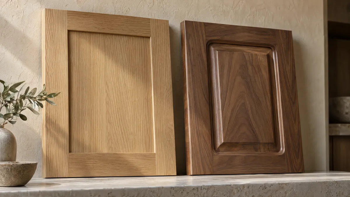 Close-up of natural oak grain, a shaped walnut cabinet door and refined satin finishes