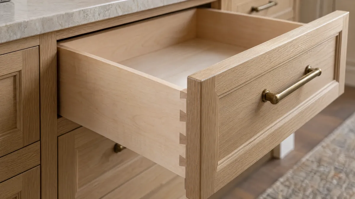 Open solid-maple drawer, carefully fitted dovetail corner and oak cabinet details