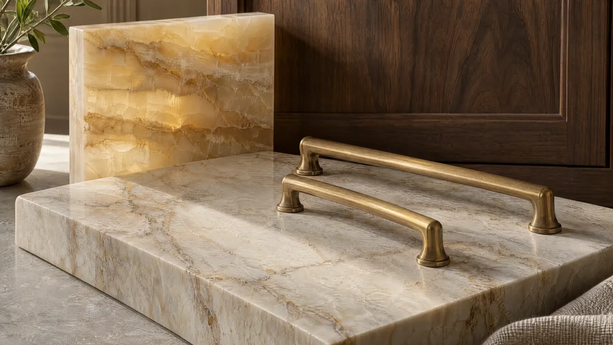 Honed quartzite, translucent honey onyx and aged-brass cabinet hardware