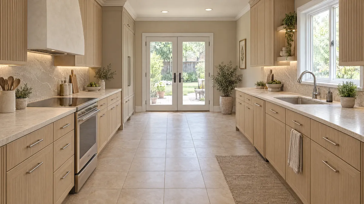 Natural oak kitchen cabinetry and pale stone surfaces