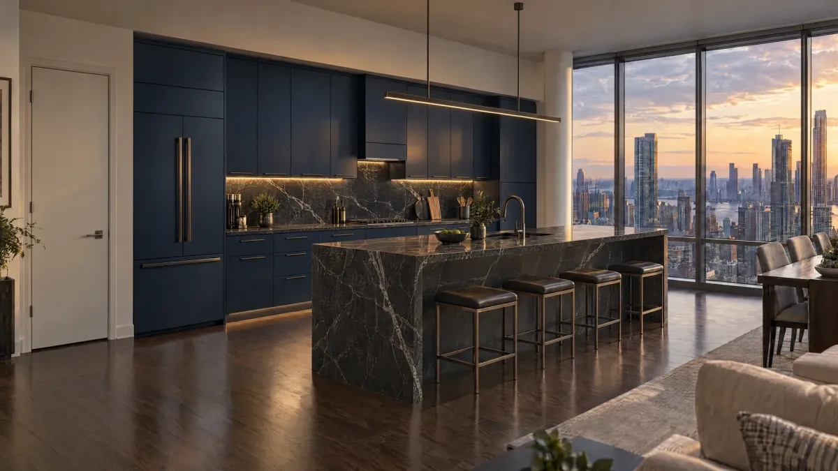 Design inspiration: Deep blue cabinetry and silver-veined stone lend an open penthouse kitchen a polished evening presence.