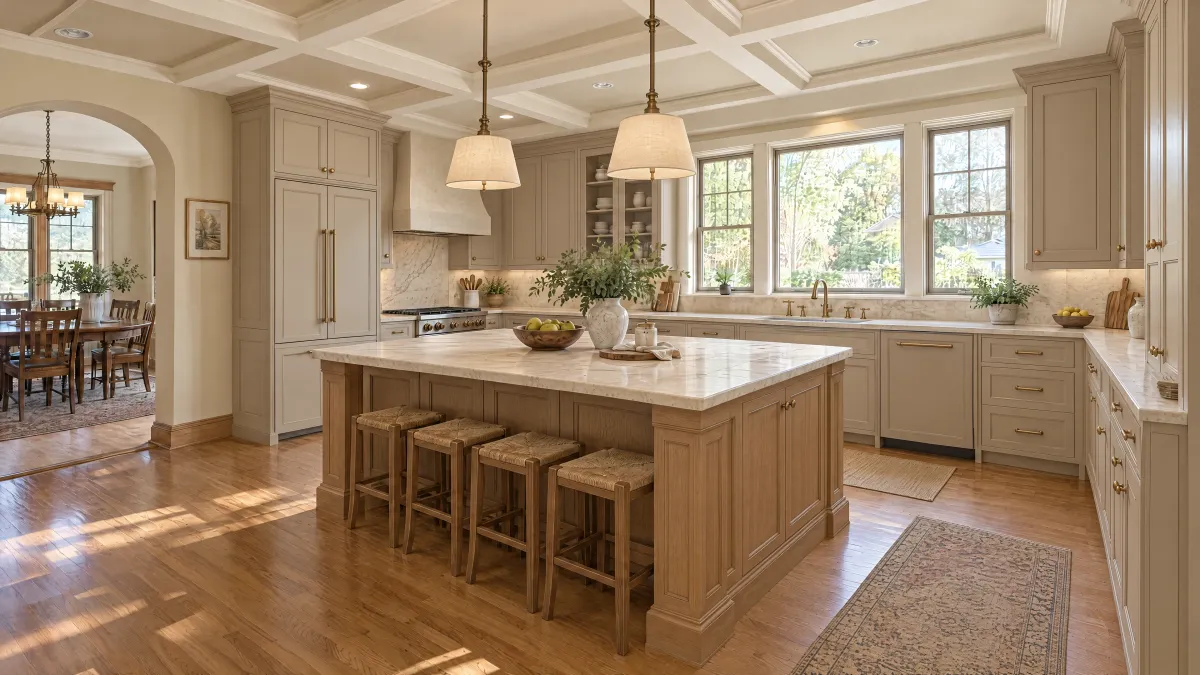 Warm-toned kitchen cabinetry and a stone-topped island