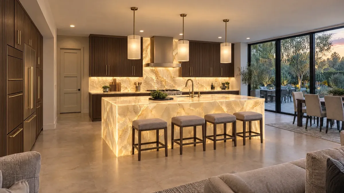 Design inspiration: A softly glowing onyx island and matching translucent backsplash elevate a spacious contemporary kitchen.
